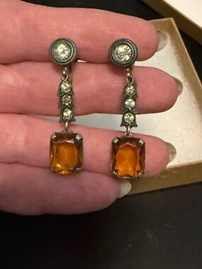 Art Nouveau Citrine/Amber Glass crystal drop, Screw-Back earrings